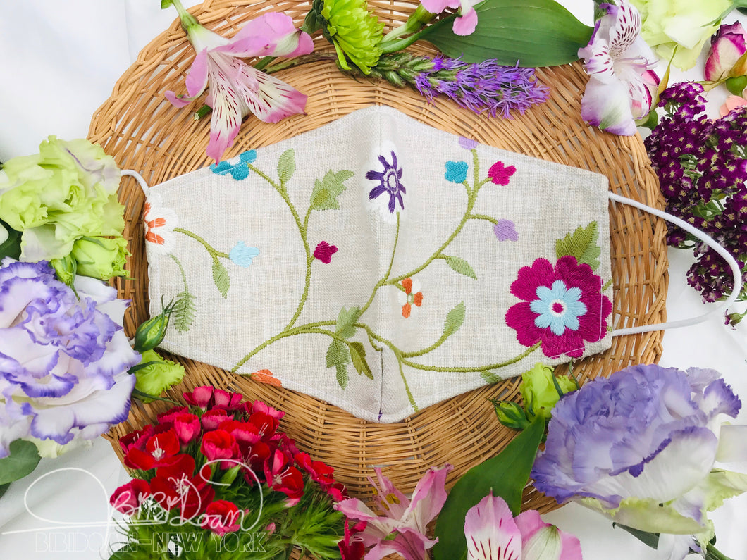 Beige Floral Embroidered Linen Canvas Mask