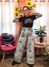 Load image into Gallery viewer, Music icons embroidery patches wide legs jean in acid wash