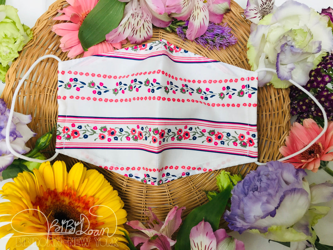 White and Pink Tiny Floral Stripe Mask